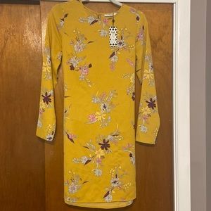 NWT. Long sleeve floral dress. Mustard yellow